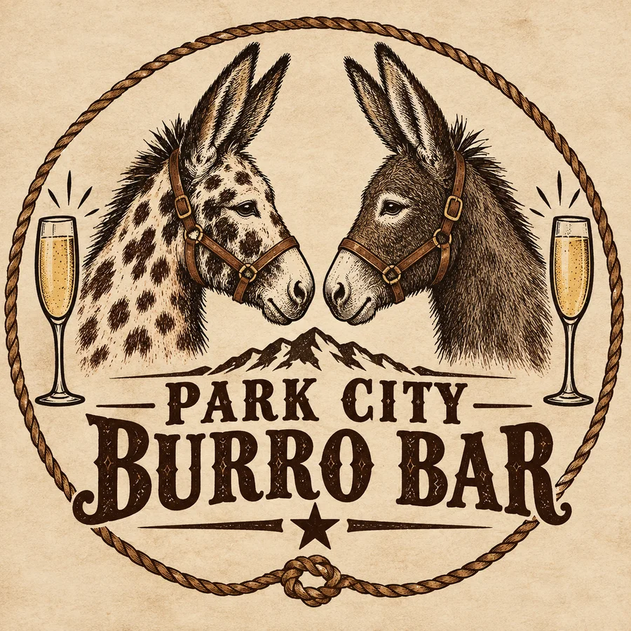 Park City Burro Bar logo: two miniature donkeys nose to nose inside a lasso, with champagne flutes and mountains